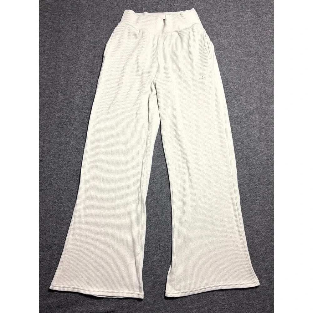 Hollister Sleep Pants Womens XS Beige Stretch Ribbed High Rise Cozy Wide Leg